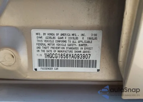 2000 Honda Accord 3.0 Ex из США, поврежденный, VIN 1HGCG1656YA093907